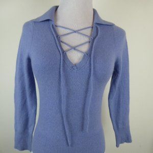 GUESS PERIWINKLE blue CASHMERE polo johnny collar lace up SWEATER top XS S